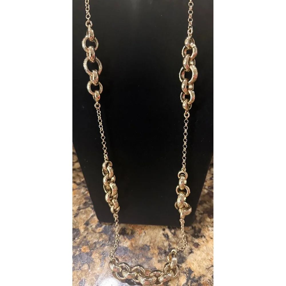 Banana Republic Necklace Gold Long Textured Interlocking Stations Chain Link